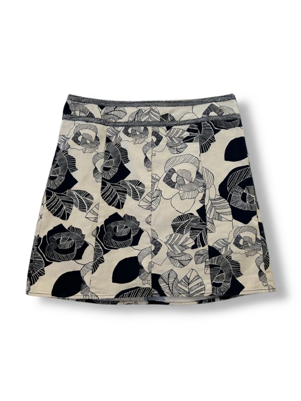 LOFT Black and Cream Floral A-Line Stretch Cotton Skirt Sz 14